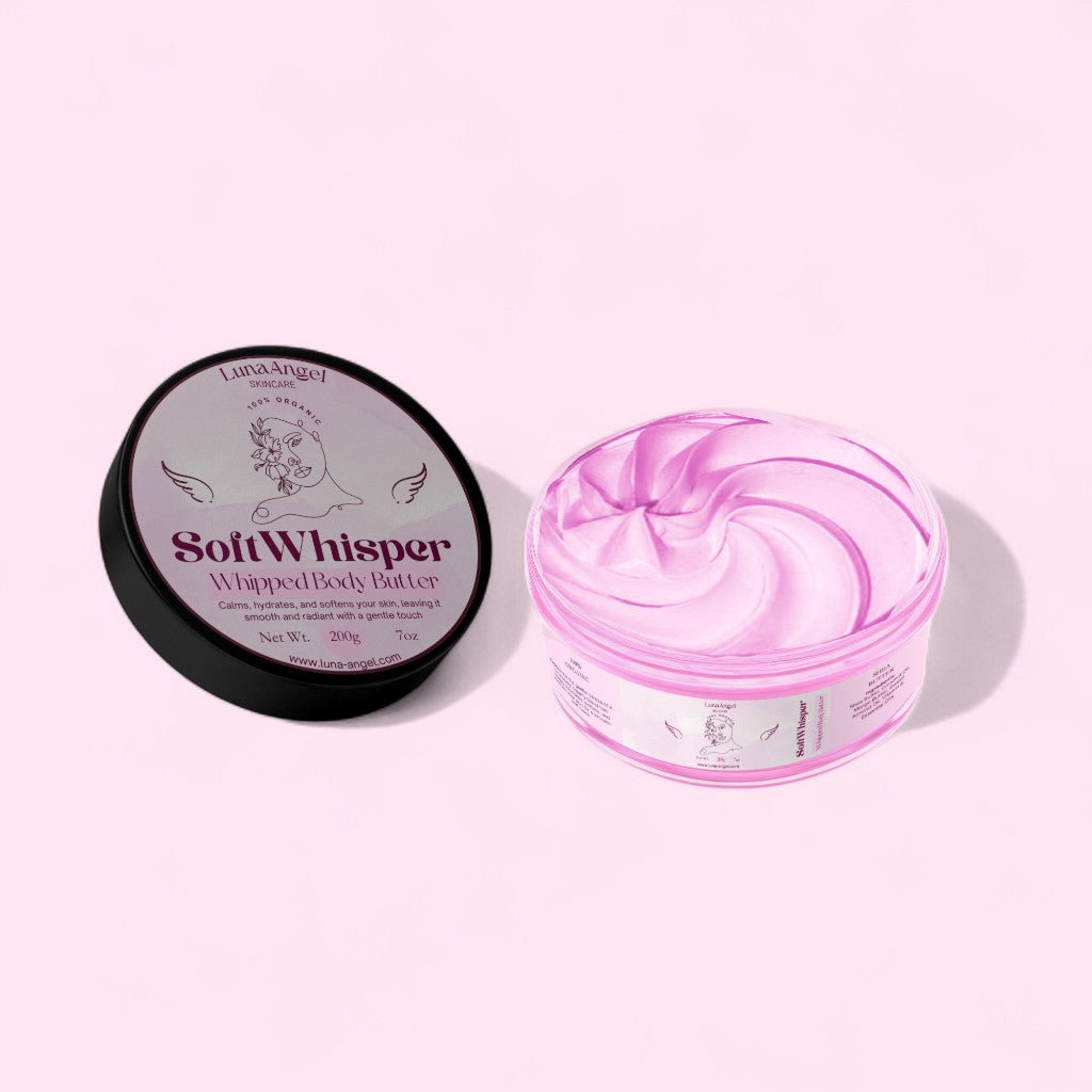 Soft Whisper Whipped Body Butter packaging by LunaAngel – elegant feminine body care made in Egypt