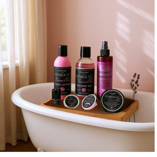 Stardust Vanilla organic body care gift set by LunaAngel styled in a luxury self-care bath setting – Egyptian natural skincare