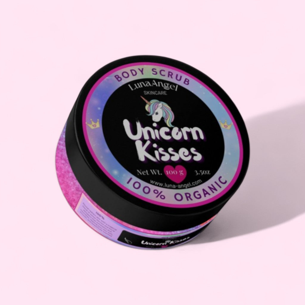 Unicorn Kisses Body Scrub packaging by LunaAngel – fantasy inspired skincare made in Egypt