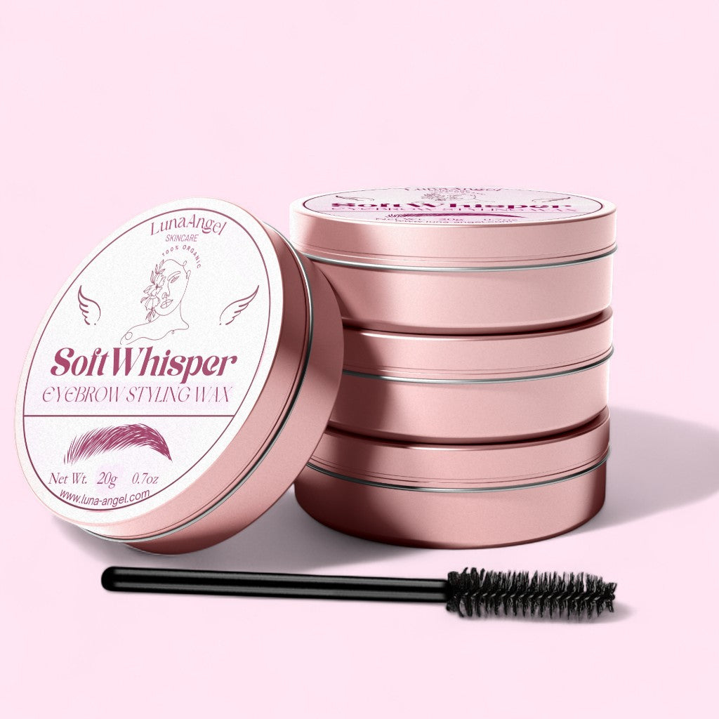 Stack of LunaAngel Soft Whisper Eyebrow Styling Wax tins with spoolie applicator on a light pink background – 20g organic brow wax