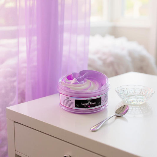 Playful self-care routine featuring Unicorn Kisses Whipped Body Butter by LunaAngel – clean beauty Egypt