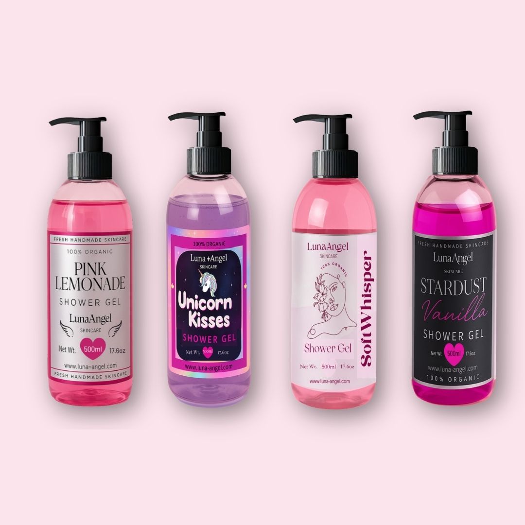 LunaAngel Shower Gel Collection featuring Pink Lemonade, Soft Whisper, Unicorn Kisses and Stardust Vanilla shower gels with refreshing scents