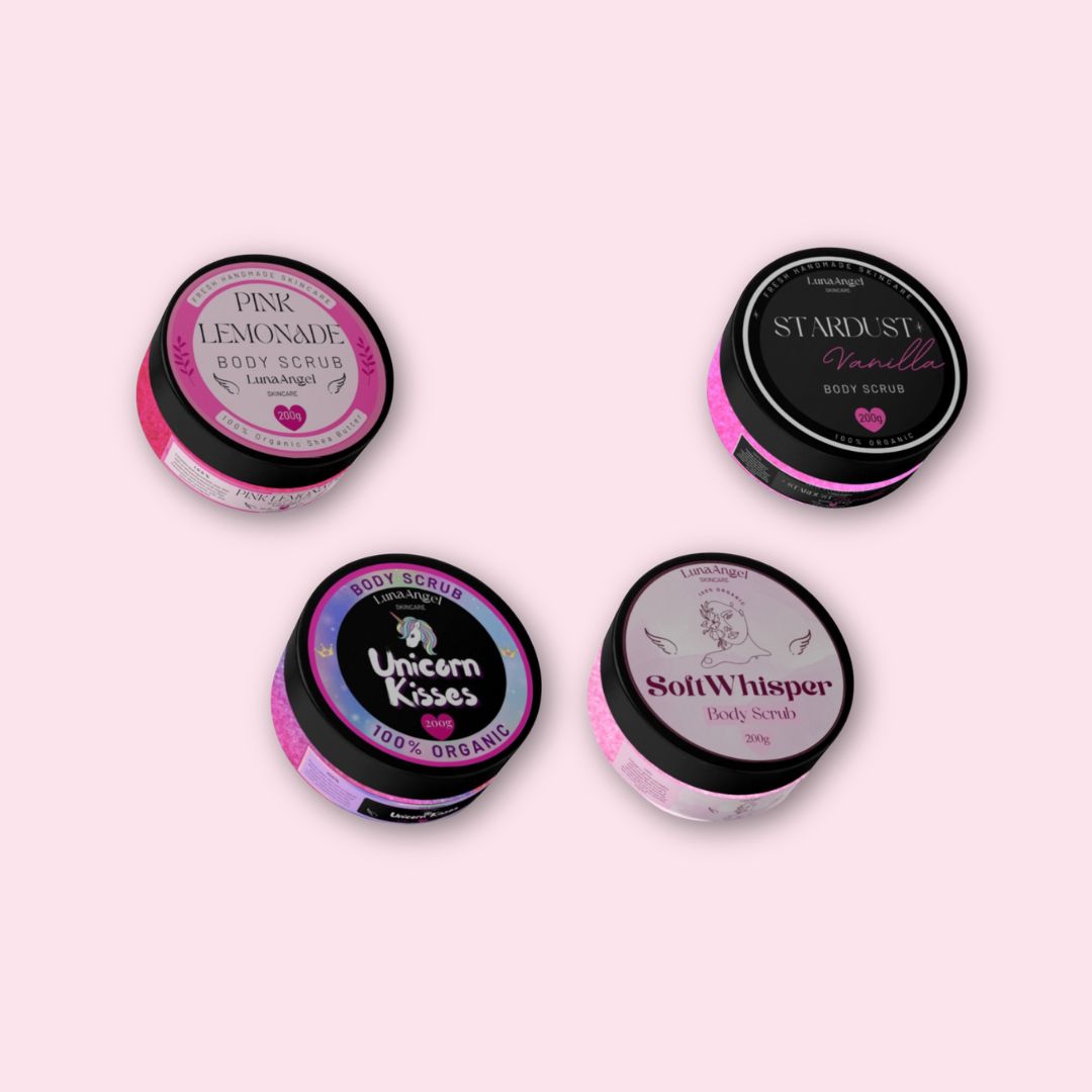 LunaAngel Body Scrub Collection cover image featuring four organic body scrub jars — Pink Lemonade, Stardust Vanilla, Unicorn Kisses, and Soft Whisper — made in Egypt, displayed on a soft blush pink background.