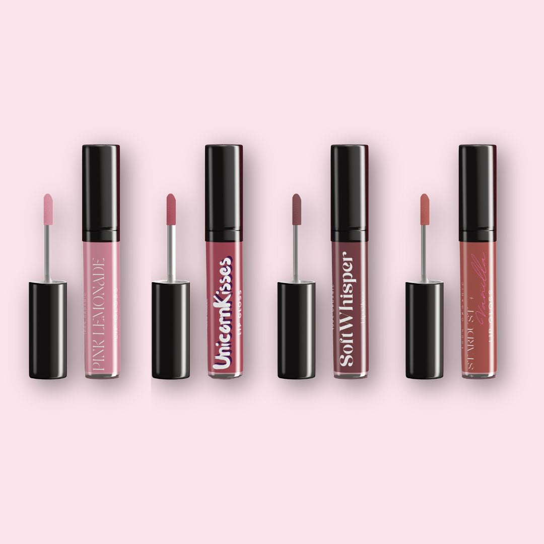 LunaAngel Lip Gloss Collection featuring Pink Lemonade, Soft Whisper, Unicorn Kisses and Stardust Vanilla lip glosses with glossy finish and line-inspired flavors