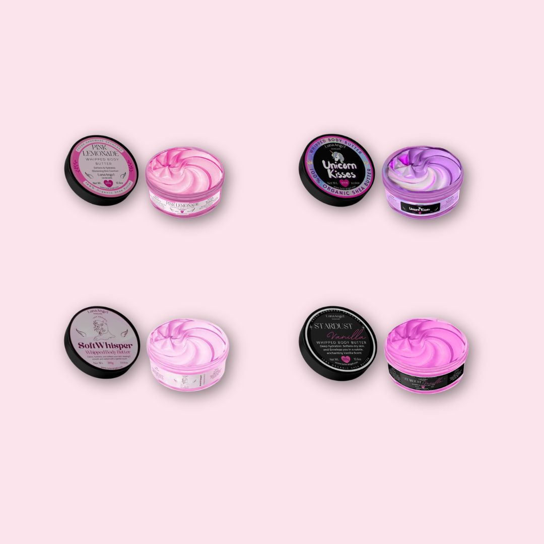 LunaAngel Body Butter Collection featuring whipped body butters in Pink Lemonade, Soft Whisper, Unicorn Kisses and Stardust Vanilla with creamy textures and signature scents
