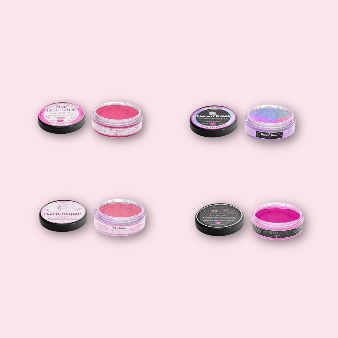 LunaAngel Lip Scrub Collection featuring Pink Lemonade, Soft Whisper, Unicorn Kisses and Stardust Vanilla lip scrubs with gentle exfoliation and line-inspired flavors
