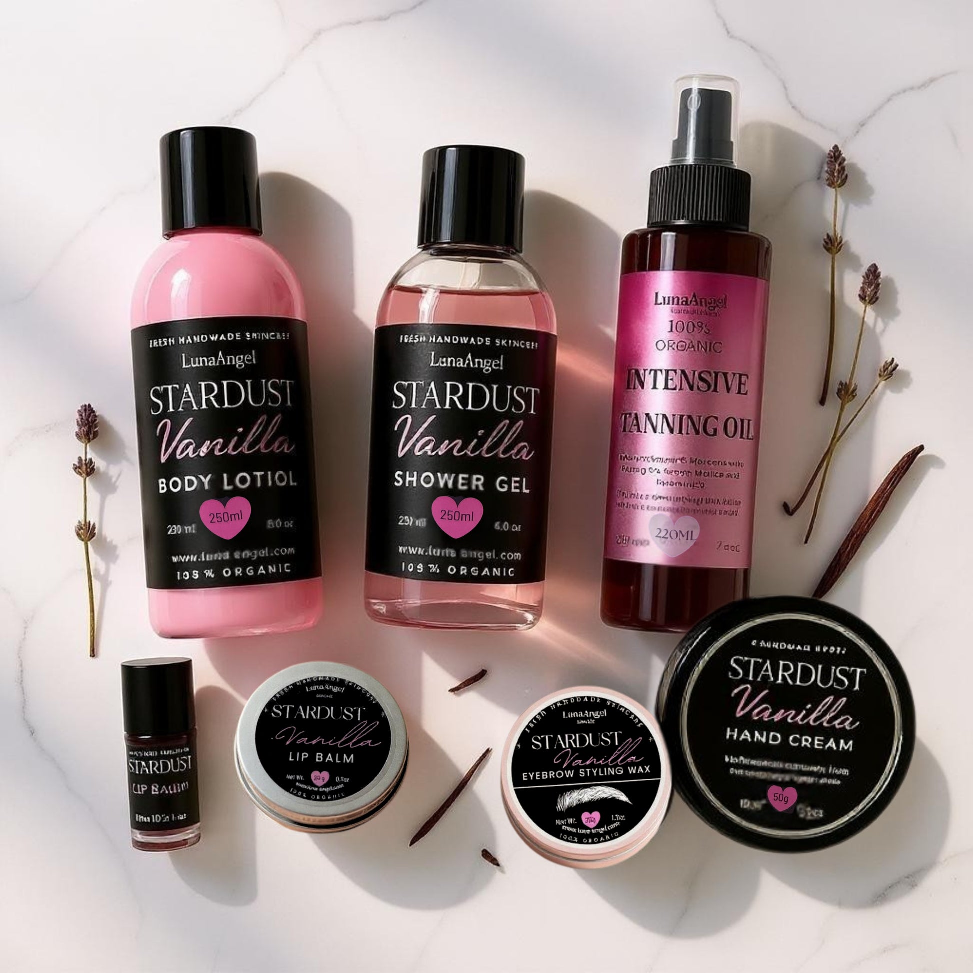 LunaAngel Stardust Vanilla Complete Glow Gift Set – organic vanilla body care bundle made in Egypt with shower gel, body lotion, tanning oil, hand cream, lip balm and lip & cheek tint
