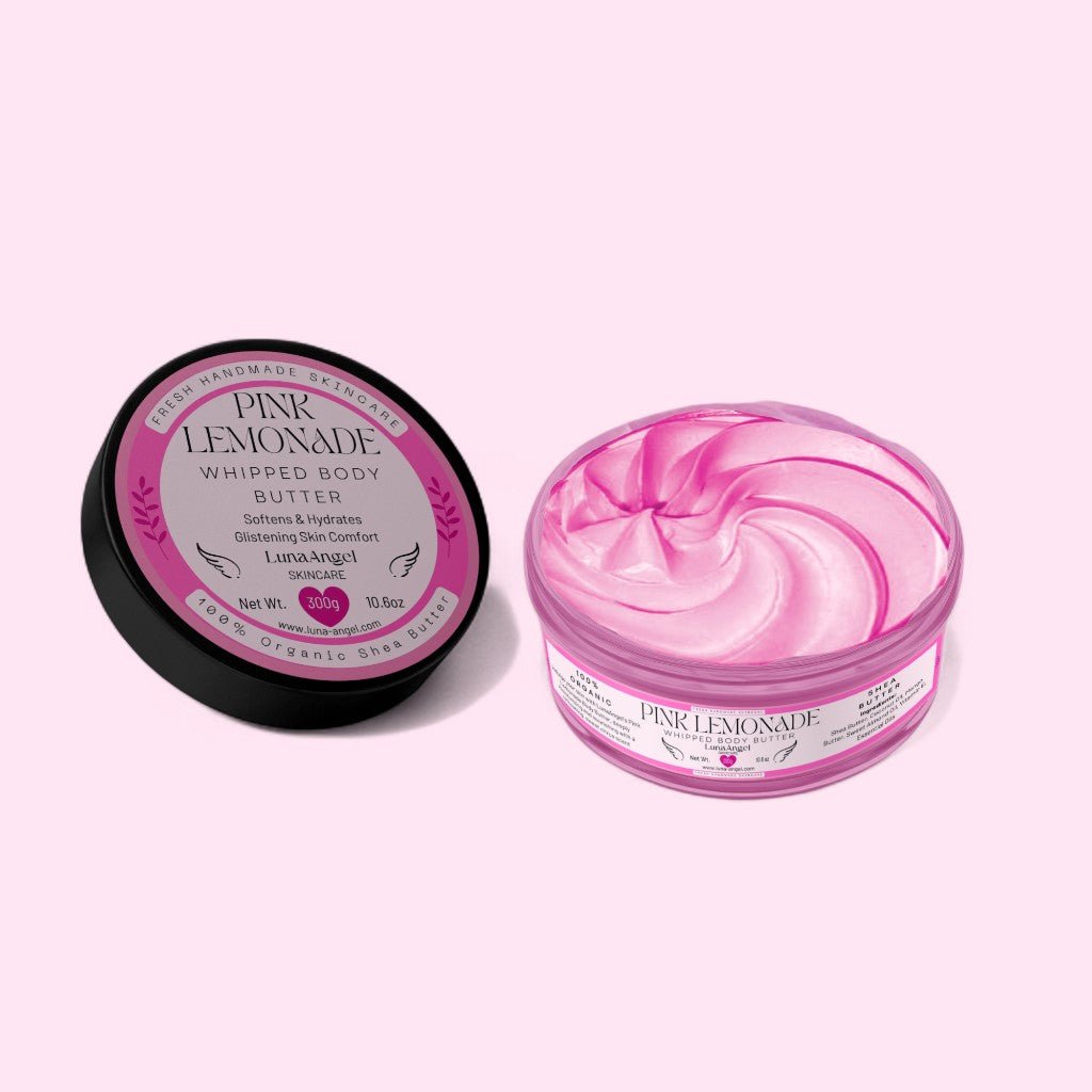 Pink Lemonade whipped body butter texture with creamy pink swirl – natural body care made in Egypt
