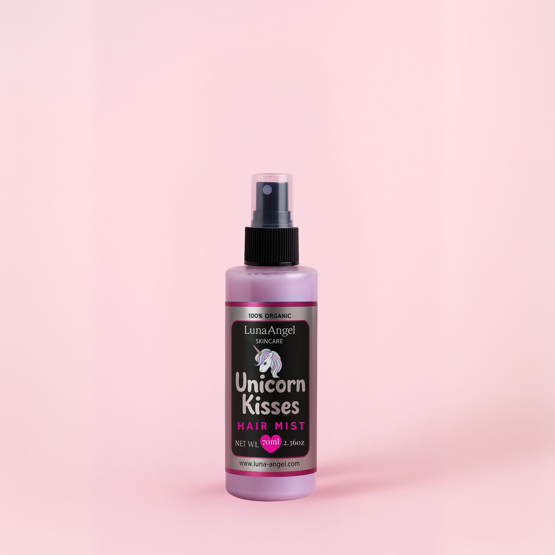 Unicorn Kisses hair mist bottle with playful unicorn design
