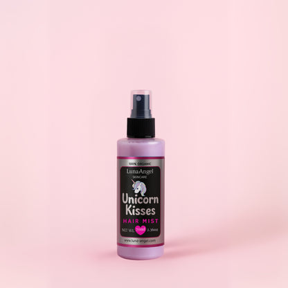 Unicorn Kisses hair mist bottle with playful unicorn design
