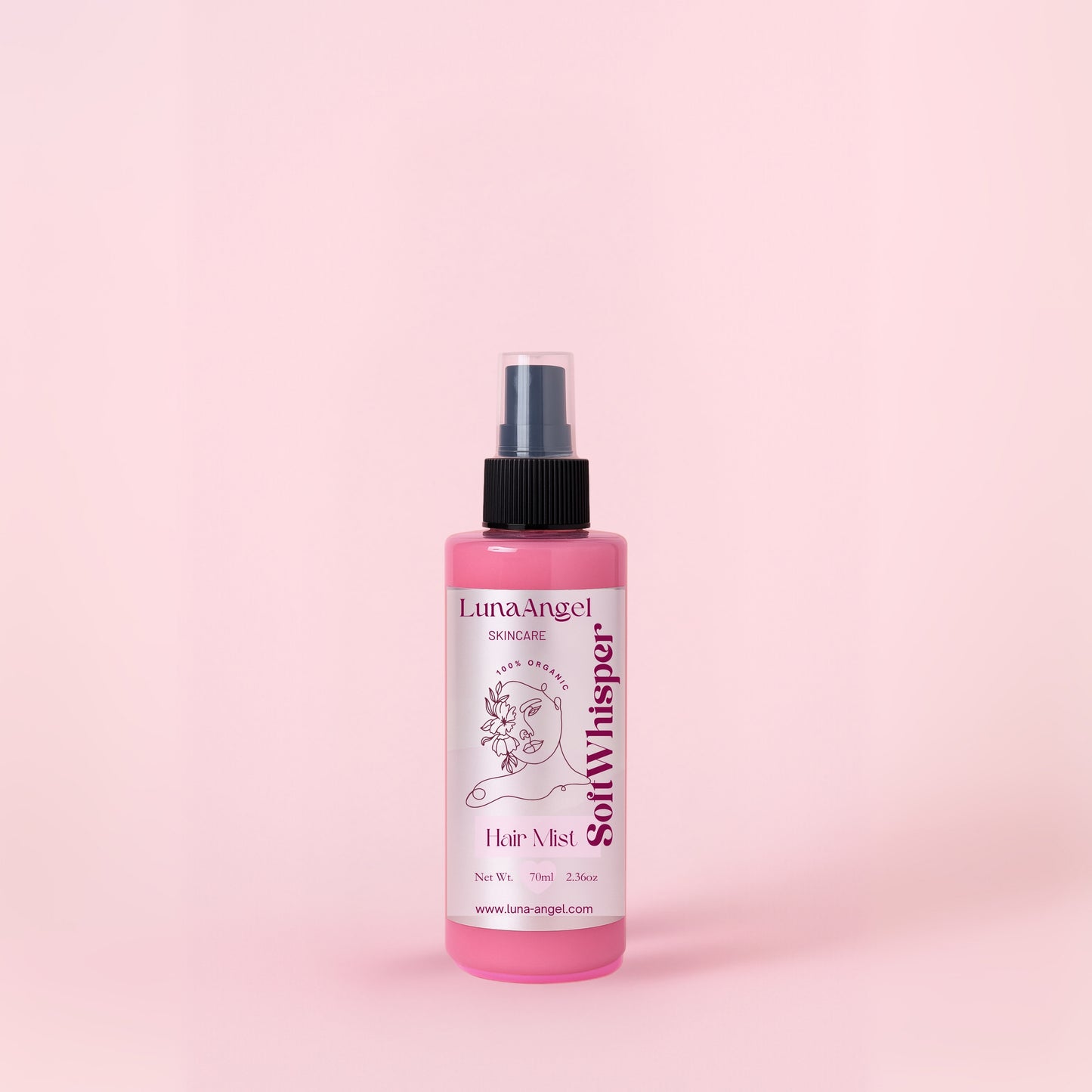 Soft Whisper hair mist packaging LunaAngel clean powdery floral fragrance
