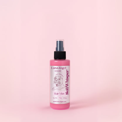 Soft Whisper hair mist packaging LunaAngel clean powdery floral fragrance
