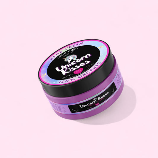 Unicorn Kisses Hand Cream by LunaAngel jar on soft pink background