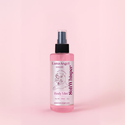 Soft Whisper body mist bottle on soft pink background