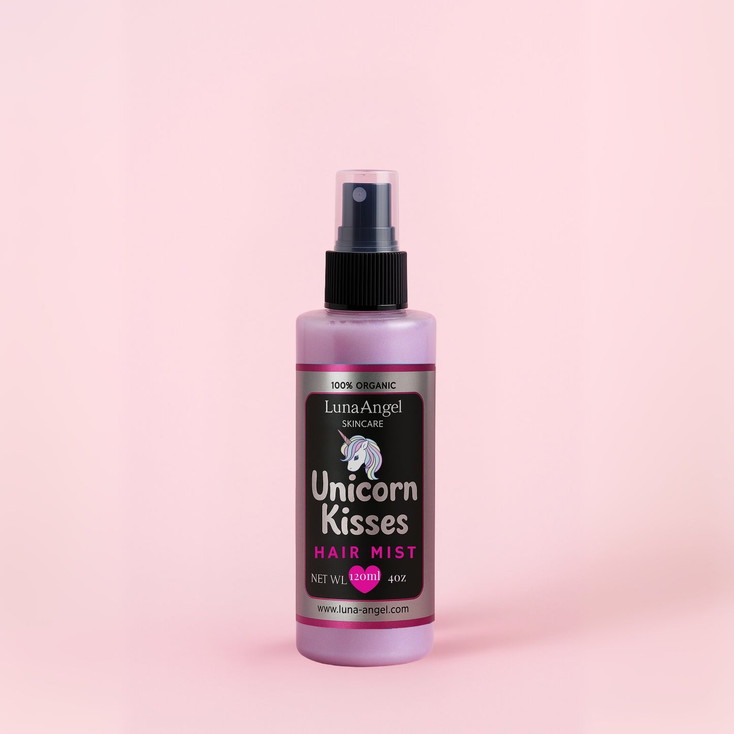 Bottle of Luna Angel Unicorn Kisses Hair Mist on a pink background Made with Love in Egypt 
