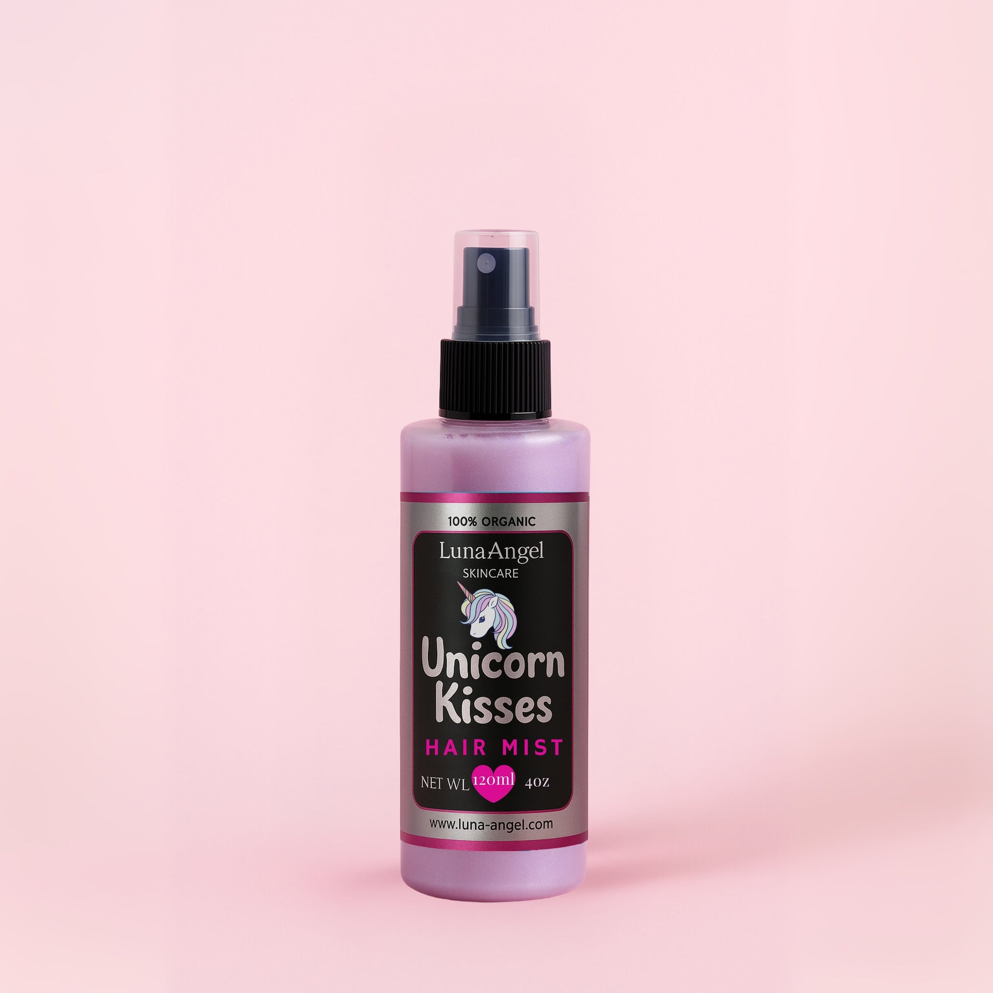 Bottle of Luna Angel Unicorn Kisses Hair Mist on a pink background Made with Love in Egypt 