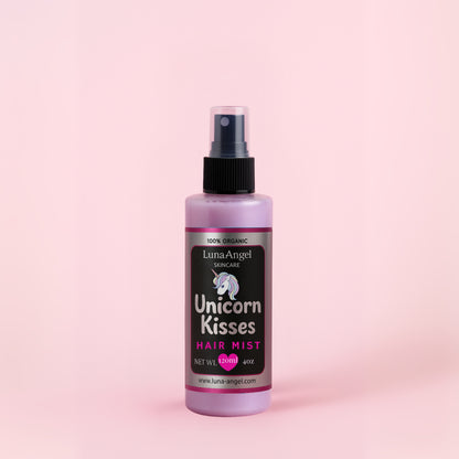 Bottle of Luna Angel Unicorn Kisses Hair Mist on a pink background Made with Love in Egypt 