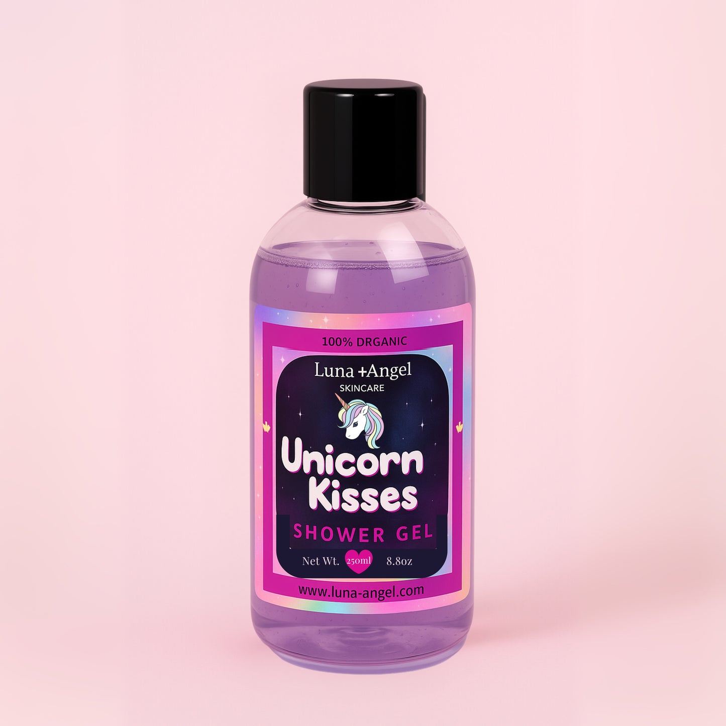 Bottle of Luna Angel Unicorn Kisses Shower Gel on a pink background Organic Shower Gel in Egypt