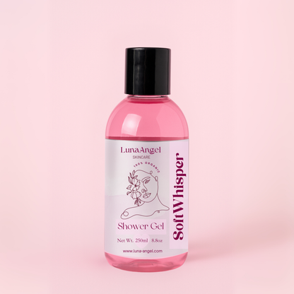 Pink bottle of Luna Angel Soft Whisper Shower Gel on a pink background Organic Shower Gel in Egypt