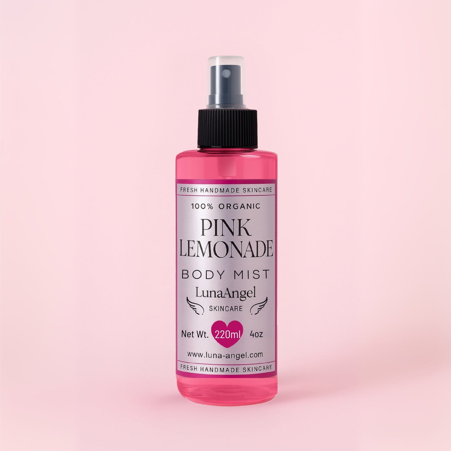 Pink Lemonade body mist bottle with LunaAngel Skincare label on a pink background Organic SkinCare In Egypt