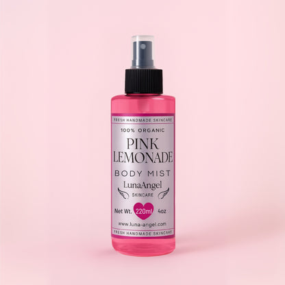 Pink Lemonade body mist bottle with LunaAngel Skincare label on a pink background Organic SkinCare In Egypt