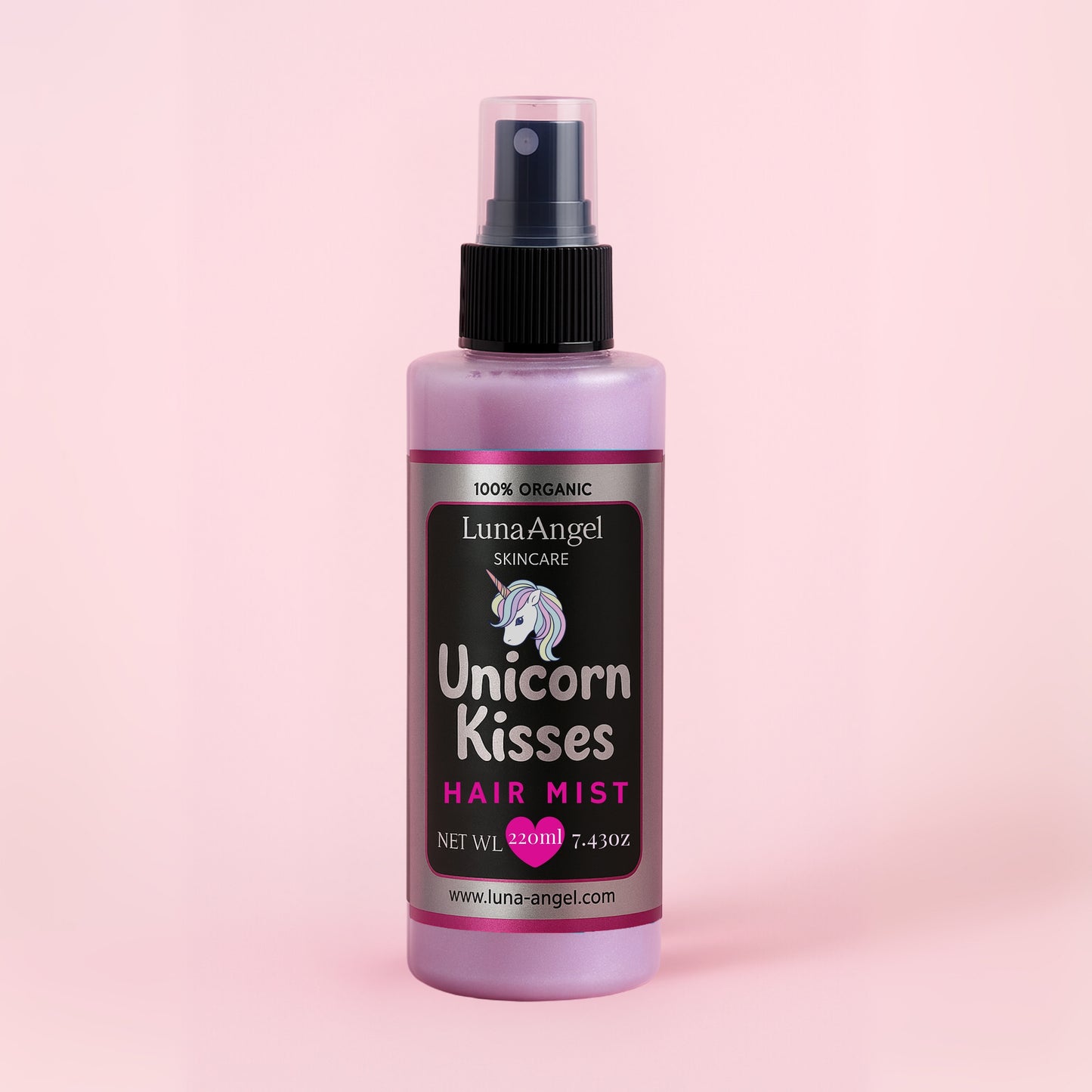 Luna Angel Skincare Unicorn Kisses Hair Mist bottle on a pink background