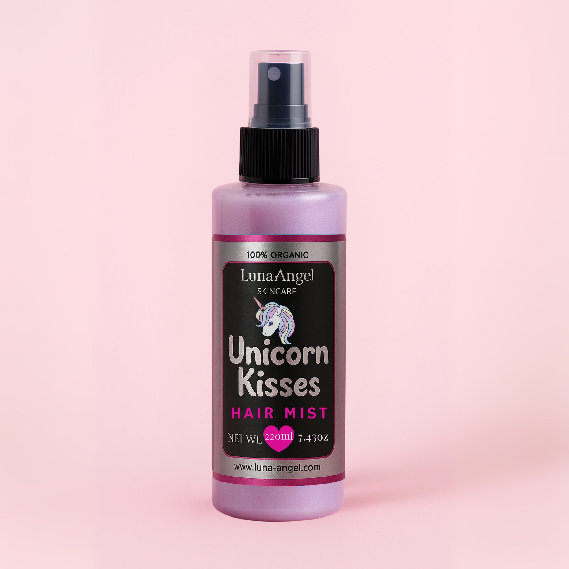 Luna Angel Skincare Unicorn Kisses Hair Mist bottle on a pink background