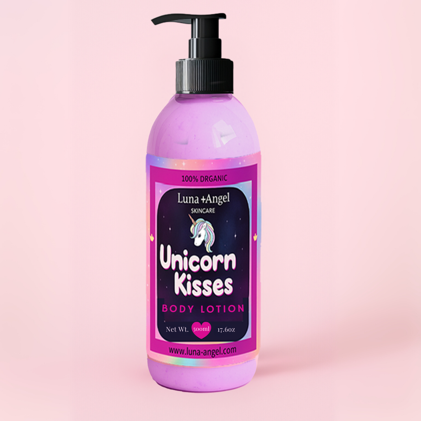 Luna Angel Unicorn Kisses body lotion bottle on a pink background
