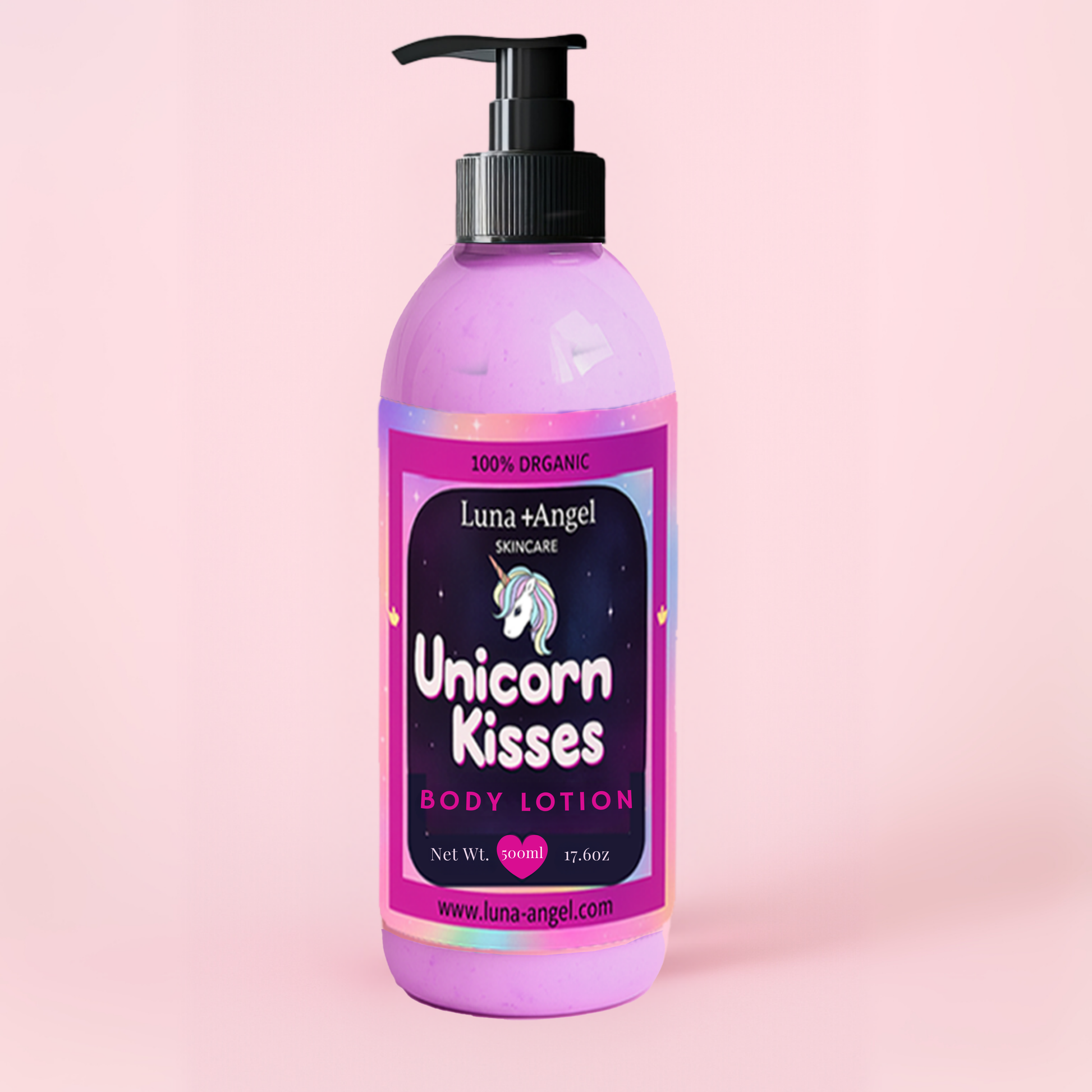 Luna Angel Unicorn Kisses body lotion bottle on a pink background