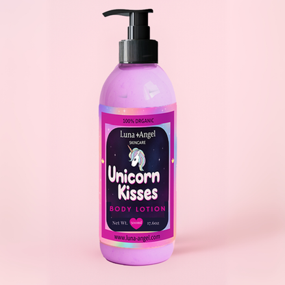 Luna Angel Unicorn Kisses body lotion bottle on a pink background