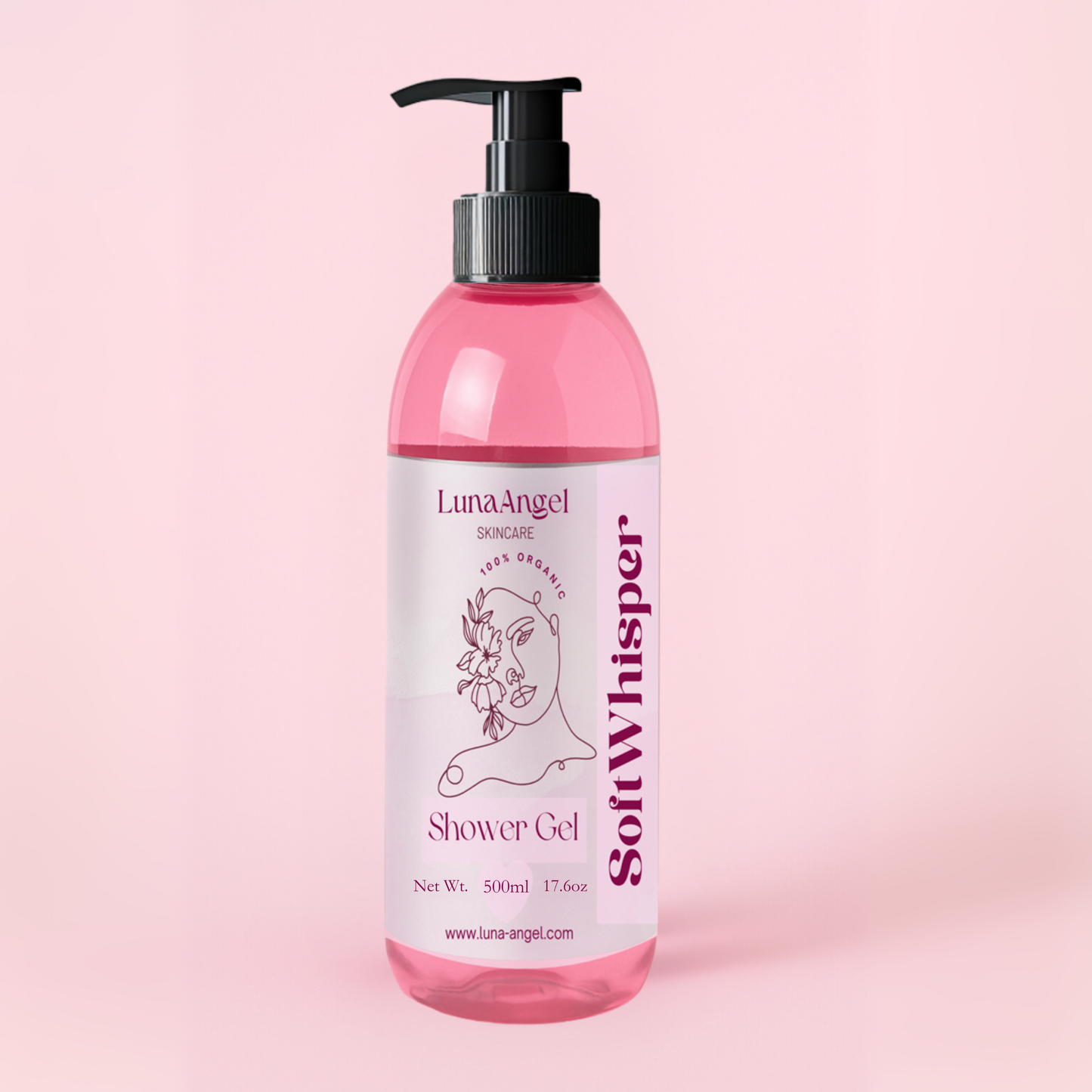 Soft Whisper shower gel packaging by LunaAngel – luxury clean body cleanser
