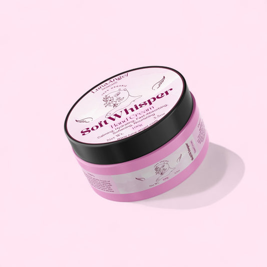 Soft Whisper Hand Cream by LunaAngel jar on soft pink background