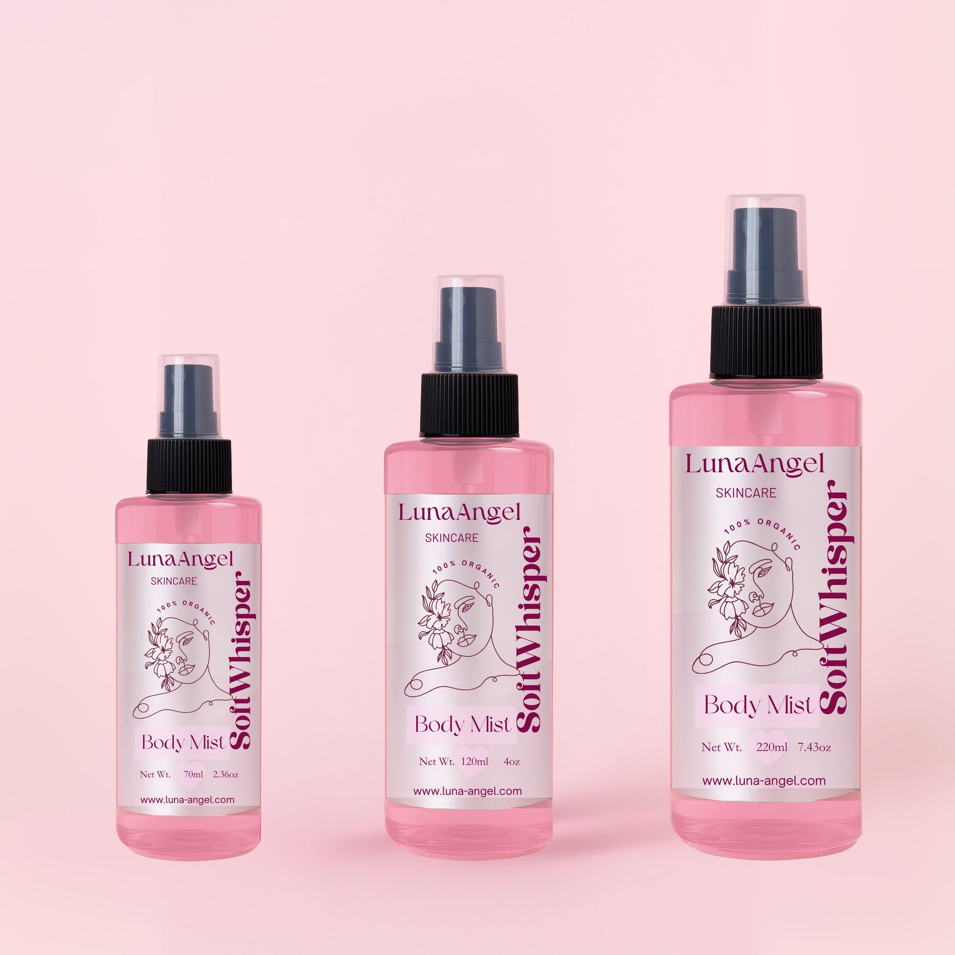 Soft Whisper Body Mist by LunaAngel with powder pink packaging