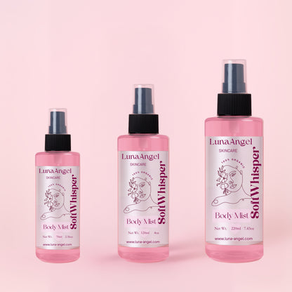 Soft Whisper Body Mist by LunaAngel with powder pink packaging