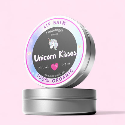 Lip balm container labeled 'Unicorn Kisses' with a pink background