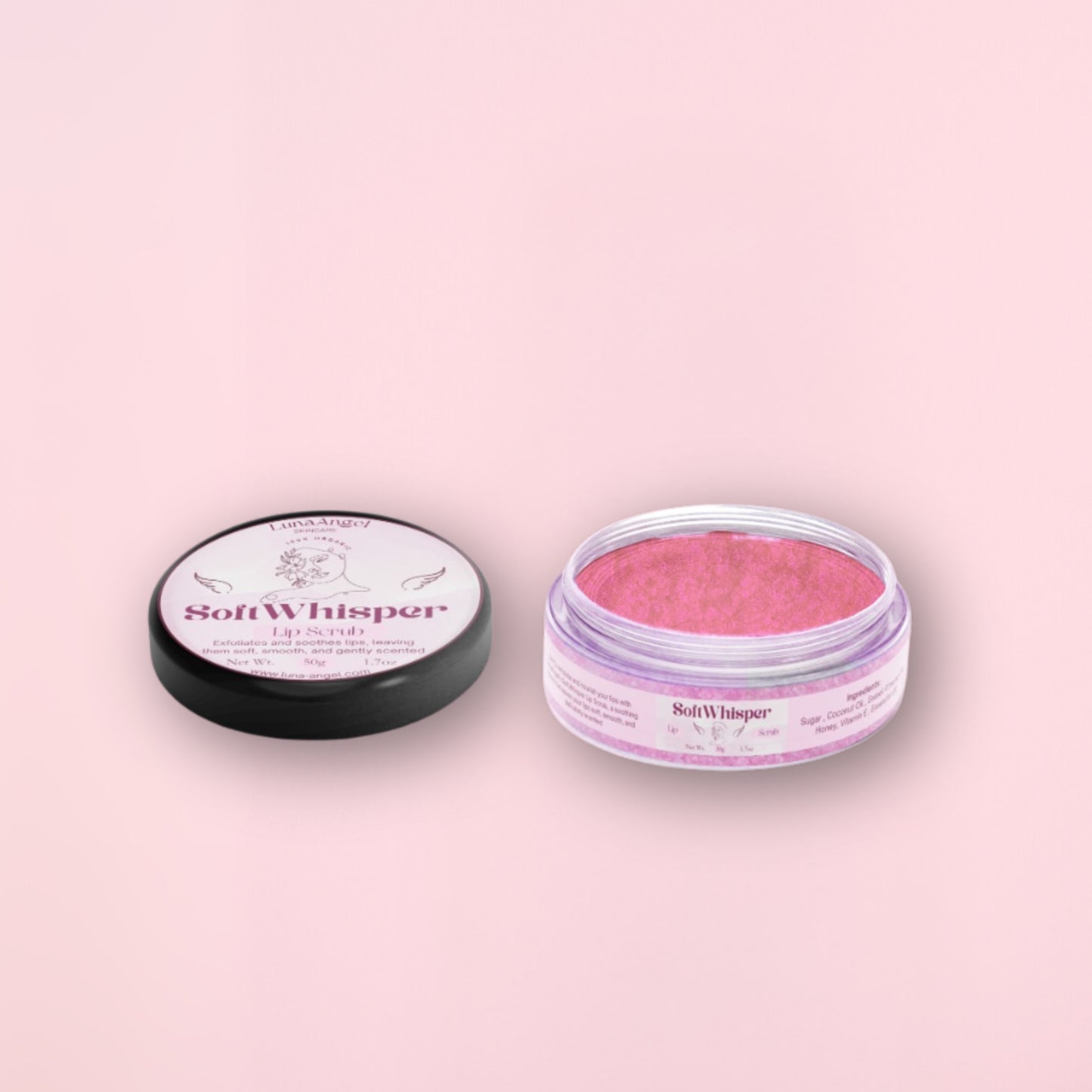Soft Whisper Sugar Lip Scrub 50g by LunaAngel with soft pink texture
