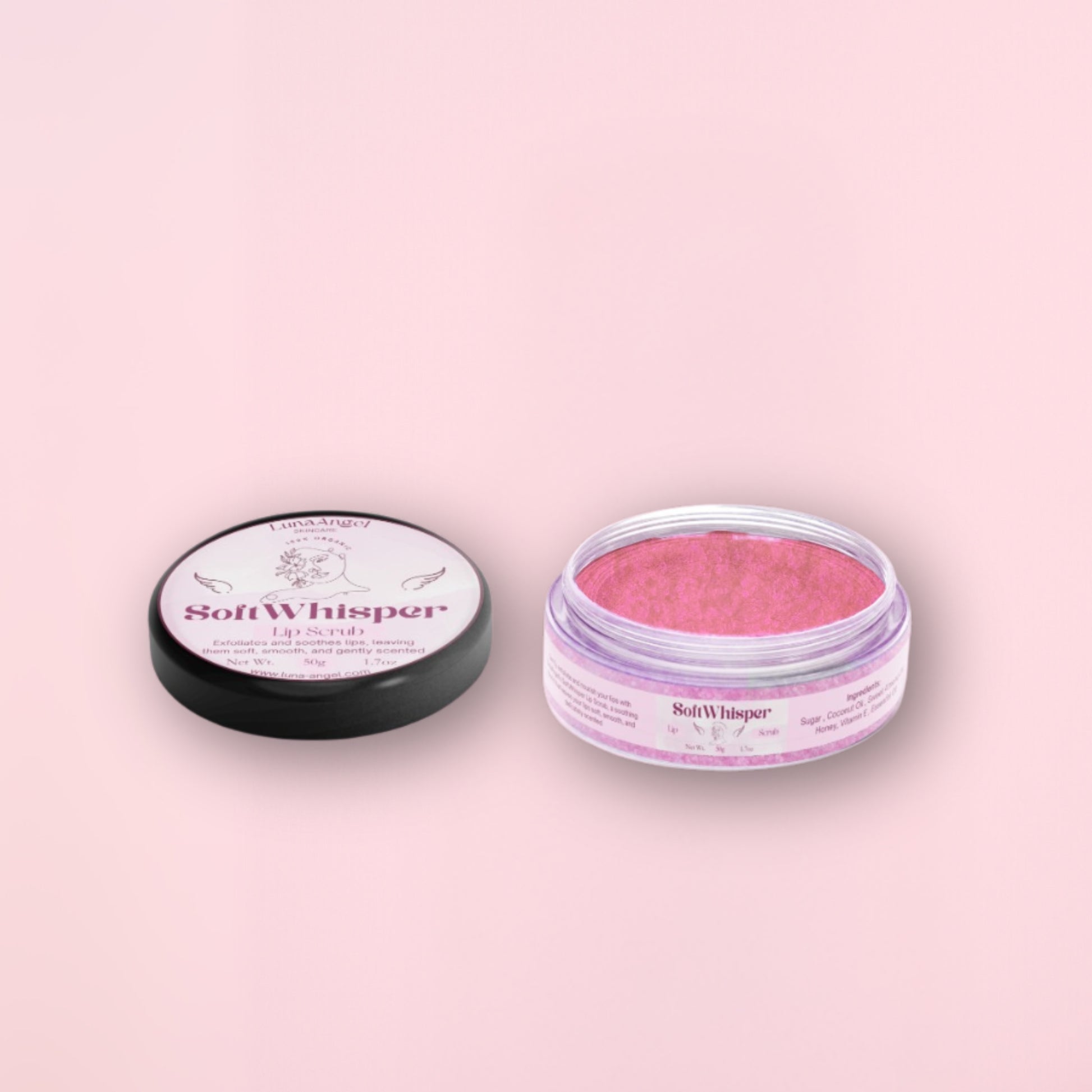 Soft Whisper Sugar Lip Scrub 50g by LunaAngel with soft pink texture
