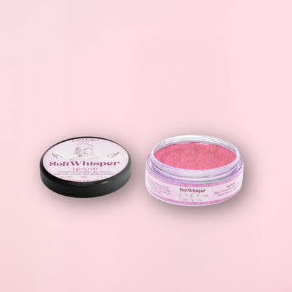 Soft Whisper Sugar Lip Scrub 50g by LunaAngel with soft pink texture

