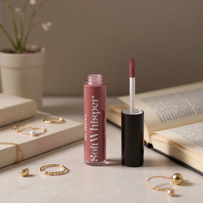 Luxury Soft Whisper lip gloss by LunaAngel with applicator on a surface with books and jewelry 