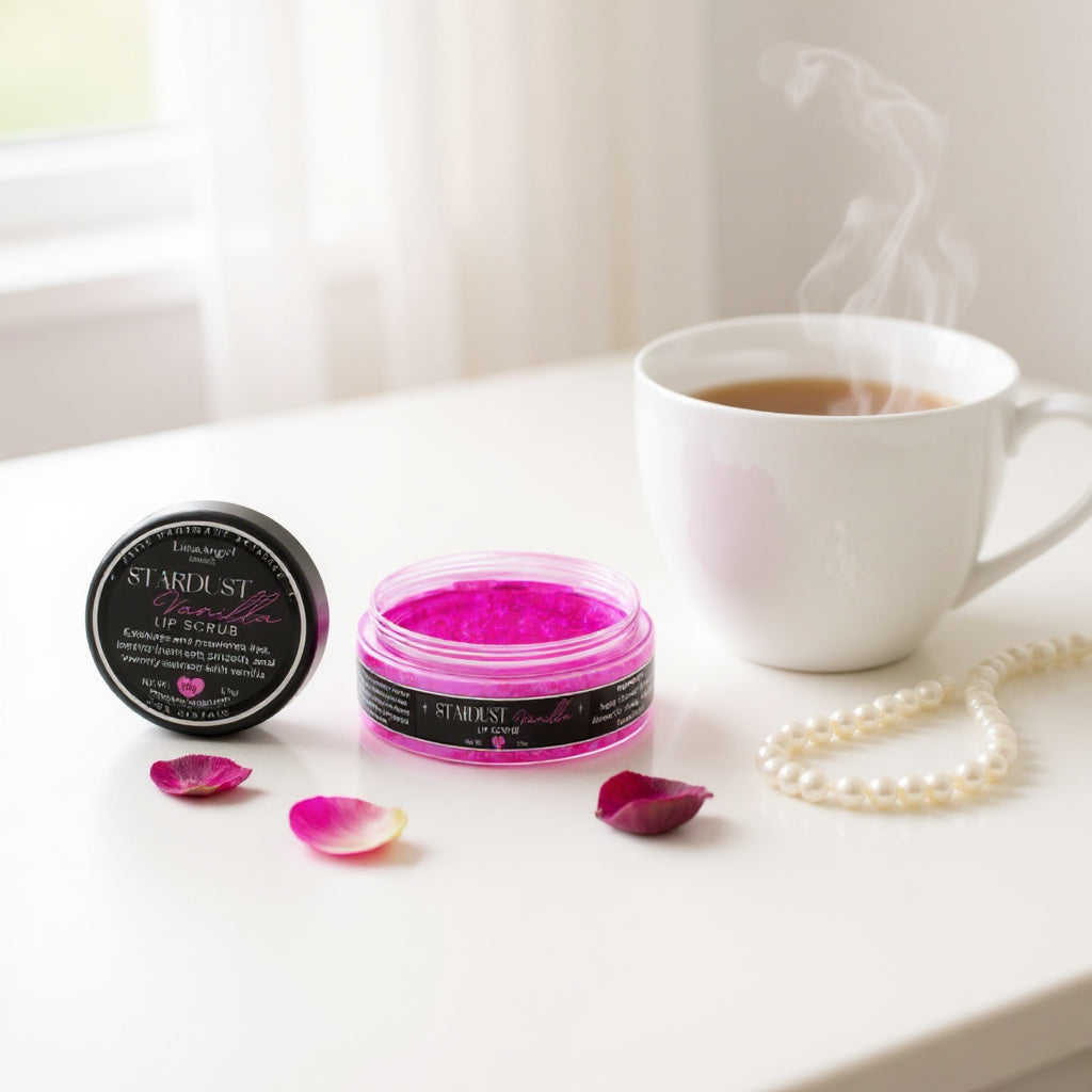 Stardust Vanilla sugar lip scrub with natural sugar crystals and organic oils
