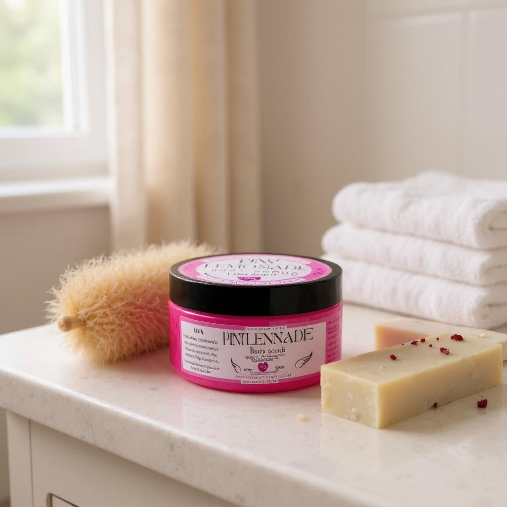 Pink Lemonade Body Scrub self-care routine by LunaAngel – fruity skincare made in Egypt
