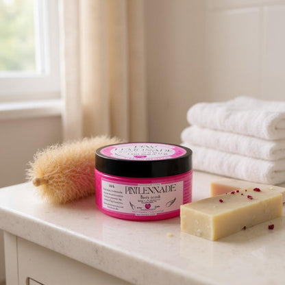 Pink Lemonade Body Scrub self-care routine by LunaAngel – fruity skincare made in Egypt
