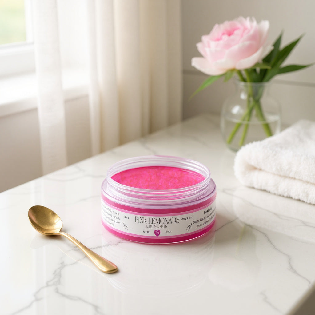 Pink Lemonade sugar lip scrub with natural sugar crystals and organic oils
