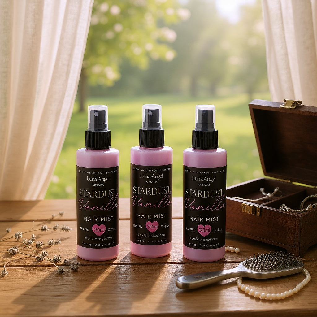 Stardust Vanilla hair mist deep pink background warm feminine scent
