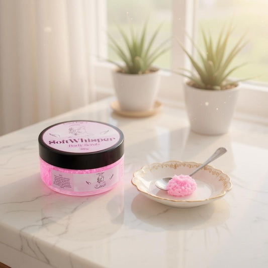 Soft Whisper Body Scrub self-care routine by LunaAngel – elegant feminine skincare
