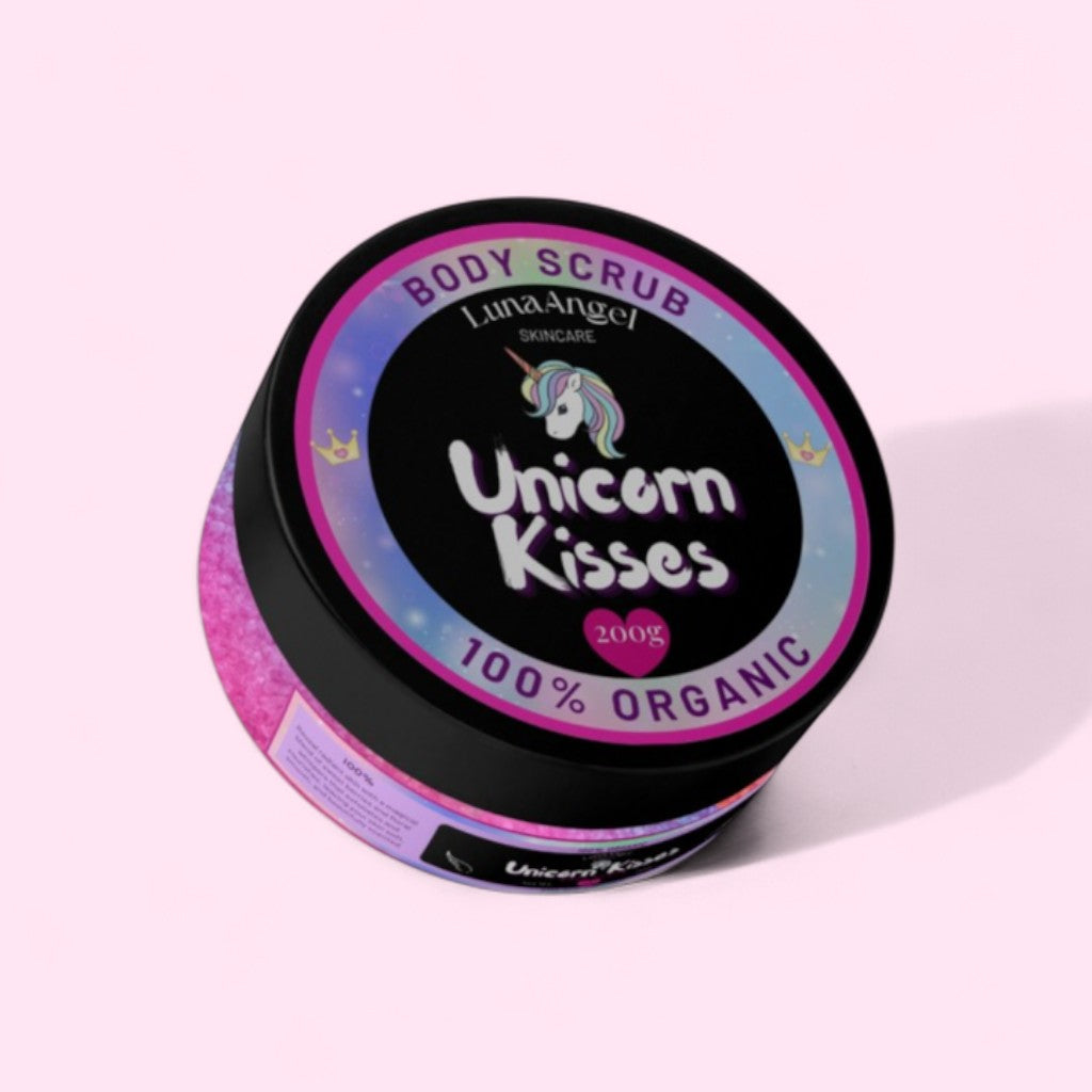 Unicorn Kisses body scrub texture with exfoliating particles – gentle skin polishing care made in Egypt
