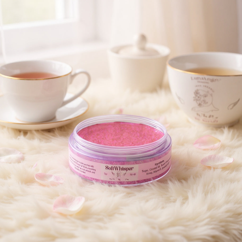 Soft Whisper sugar lip scrub with natural sugar crystals and organic oils
