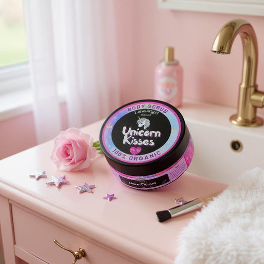 Playful self-care routine featuring Unicorn Kisses Body Scrub by LunaAngel – clean beauty Egypt
