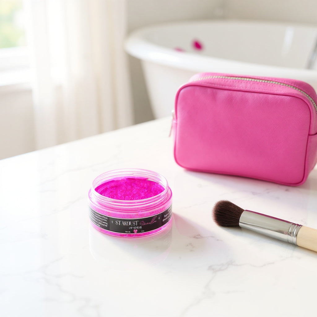 Pink makeup product, brush, and pink pouch on a marble surface