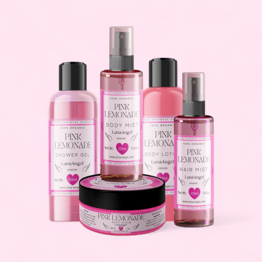 LunaAngel Pink Lemonade set—shower gel, body mist 220ml, hair mist, body lotion and body butter on a pink background